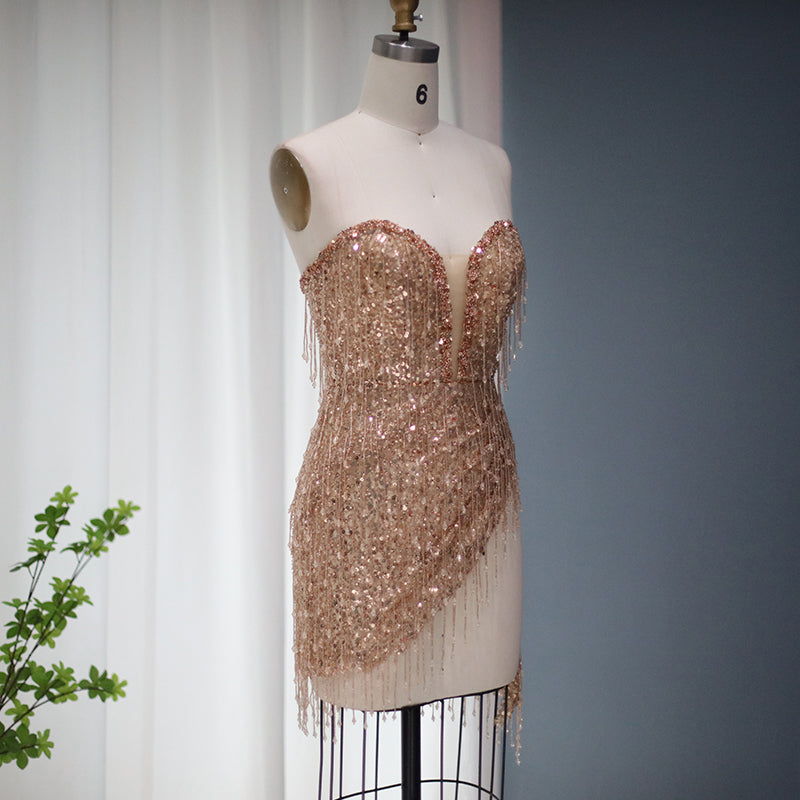 Luxury Tassel High Slit Strapless Short Cocktail Party Dress RM044