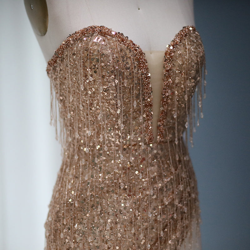 Luxury Tassel High Slit Strapless Short Cocktail Party Dress RM044