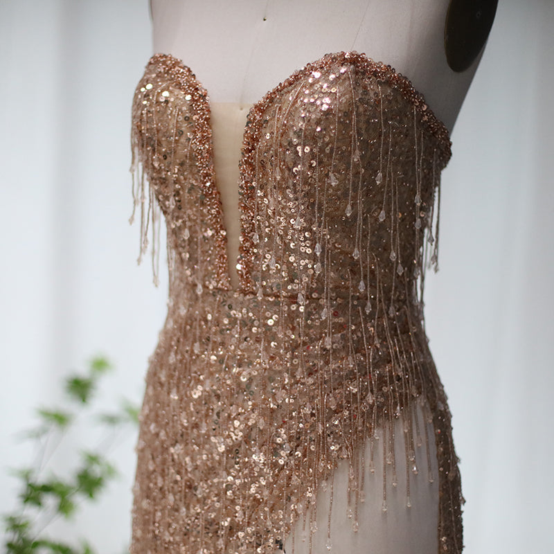 Luxury Tassel High Slit Strapless Short Cocktail Party Dress RM044