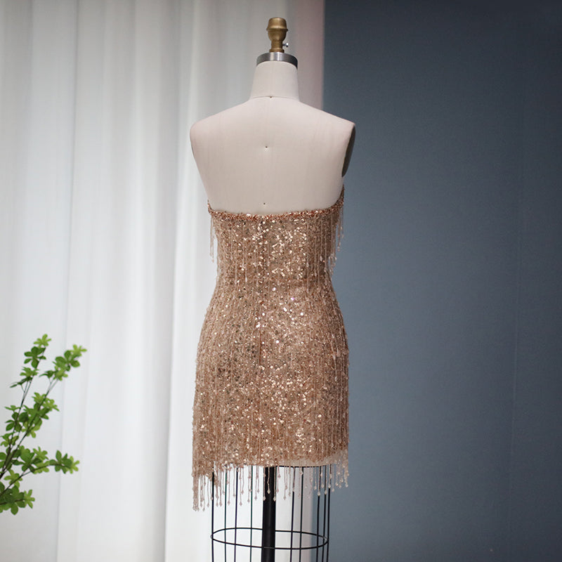 Luxury Tassel High Slit Strapless Short Cocktail Party Dress RM044