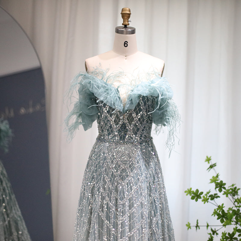 Dreamy Vow Luxury Feathers Green Dubai Evening Dresses 2023 Elegant Off Shoulder Long Formal Dress for Women Wedding Party 303