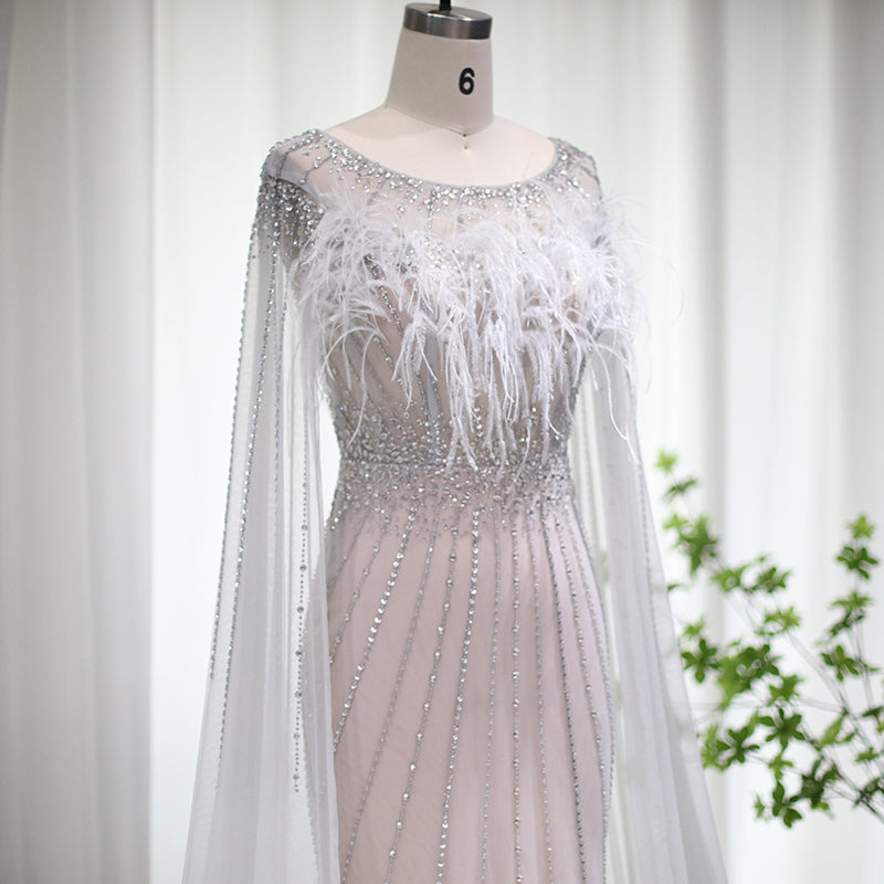 DreamyVow Luxury Feathers Silver Nude Dubai Evening Dress with Cape Sleeves Elegant Long Mermaid Formal Dress for Wedding 348