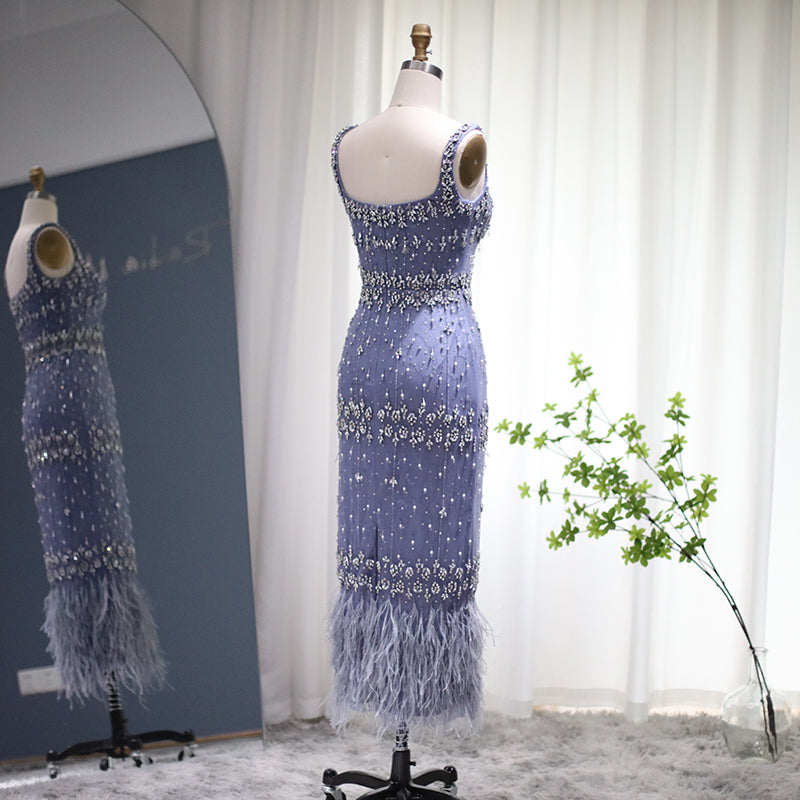 Luxury Gray Feather Straight Evening Dress with Cape Sleeves SS279