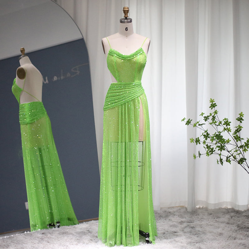 Neon Green Spaghetti High Slit Cocktail Party Dress RM025  Lime Green / US 16