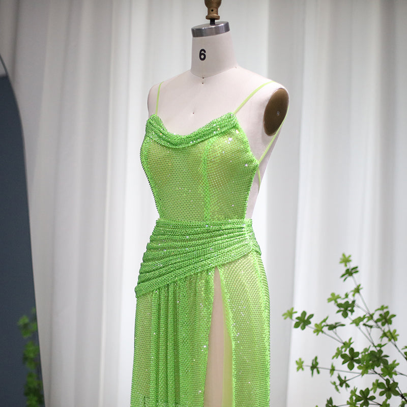 Neon Green Spaghetti High Slit Cocktail Party Dress RM025