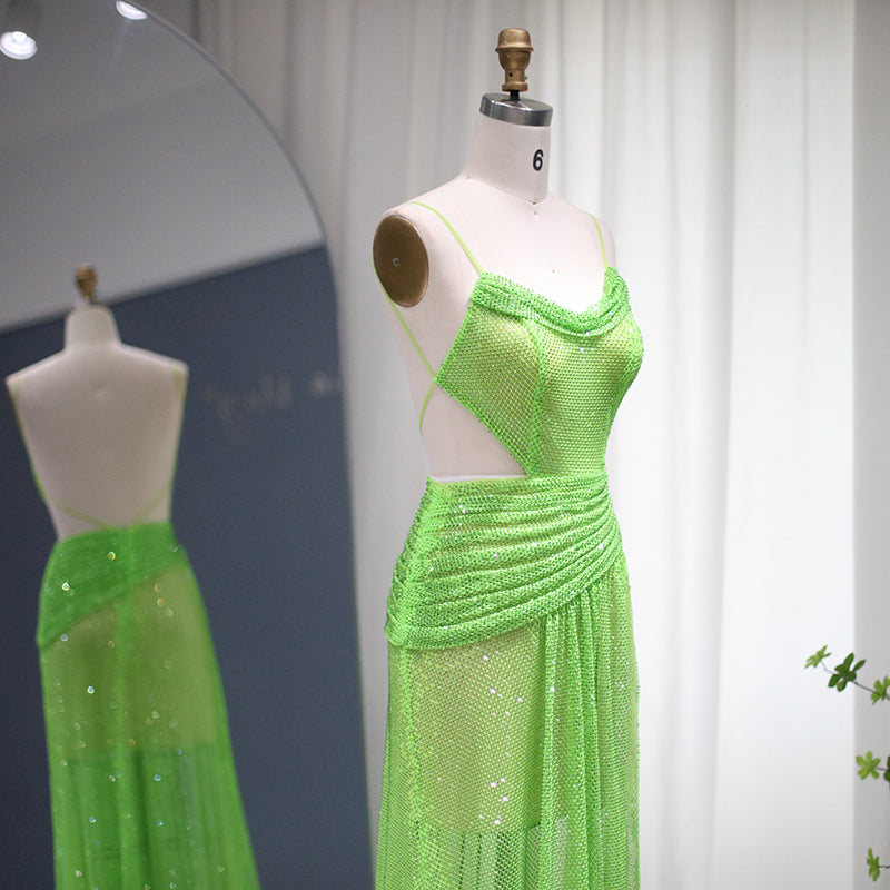 Neon Green Spaghetti High Slit Cocktail Party Dress RM025
