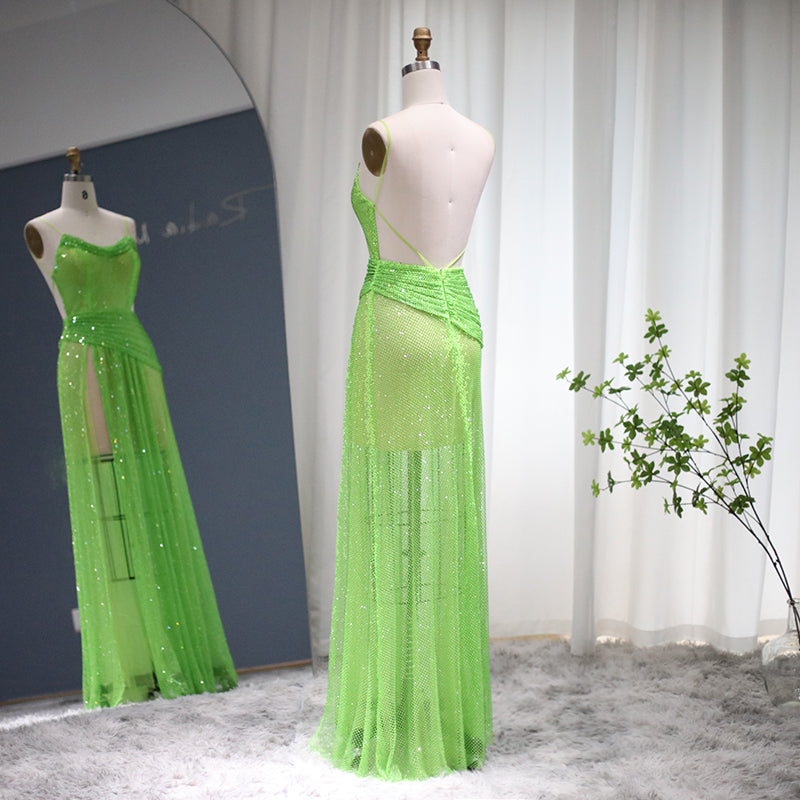 Neon Green Spaghetti High Slit Cocktail Party Dress RM025