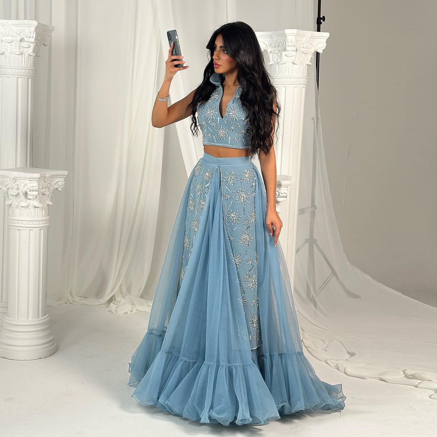 Luxury Blue Beaded 2 pieces Evening Dress with ruffles SS597
