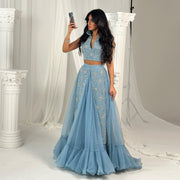 Luxury Blue Beaded 2 pieces Evening Dress with ruffles SS597