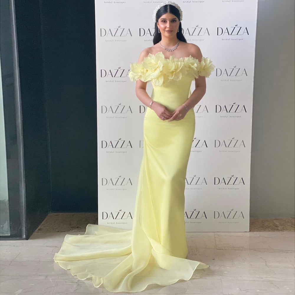 Elegant 3D Flowers Light Yellow Evening Dress with Overskirt SF013