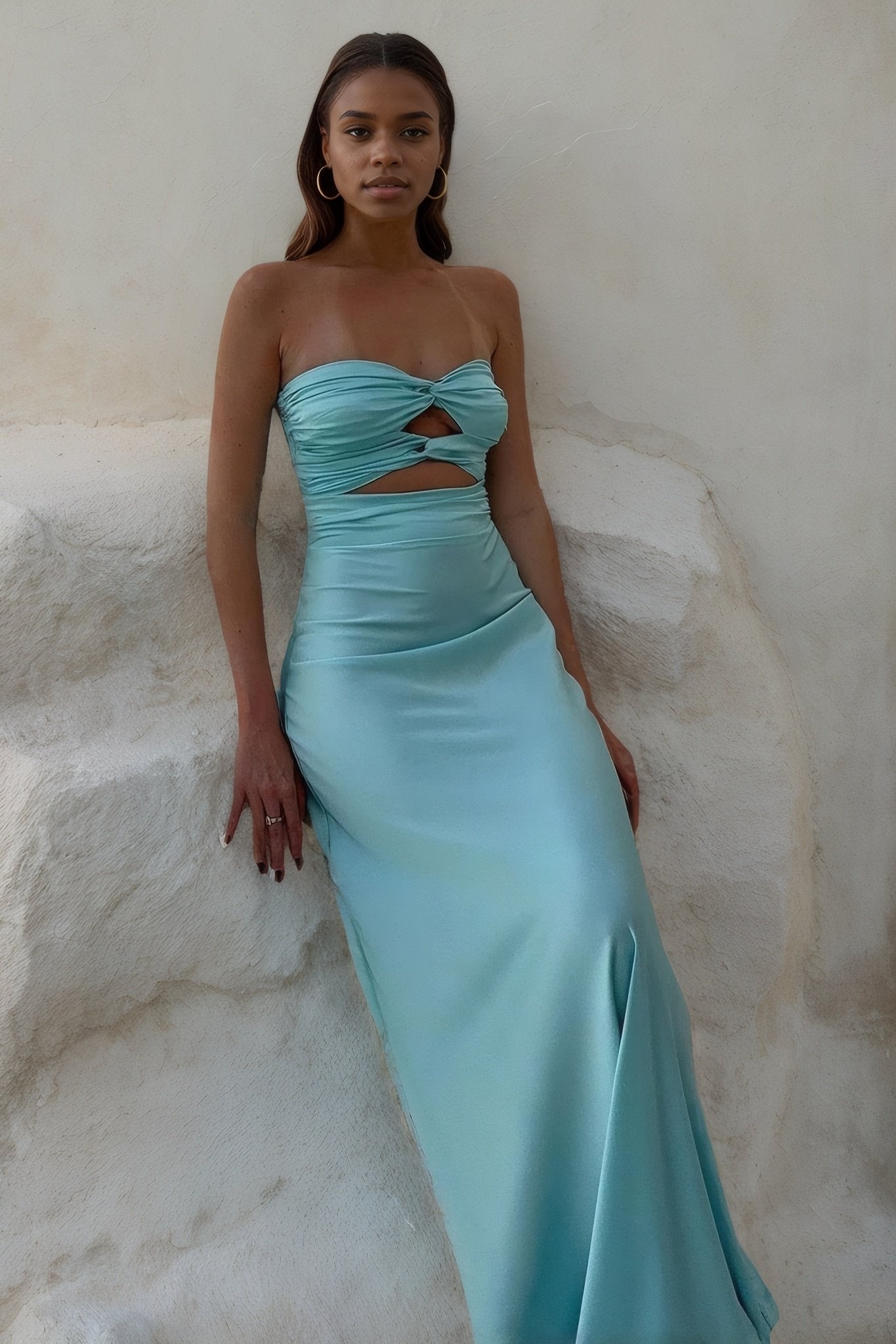 A-Line Silk Strapless Sleeveless Long Prom Dress Blue Prom Gown