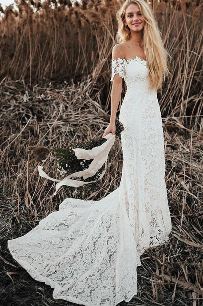 Trumpet/Mermaid Lace Applique Off-the-Shoulder Short Sleeves Court Train Wedding Dresses-0