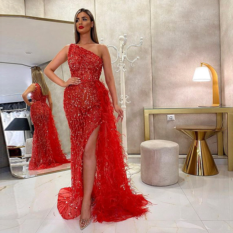 For Sale Luxury Feather One Shoulder Wine Red Mermaid Prom Evening Dress SS354L