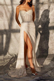 Sheath/Column Sweetheart Sleeveless Sweep Train Sparkly Prom Dresses with Pleated Split-0