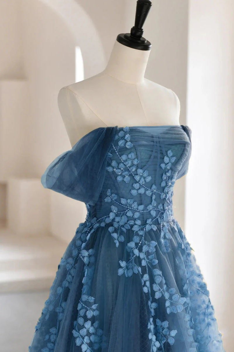 A-Line Tulle Lace Long Prom Dress Off the Shoulder Formal Evening Dress