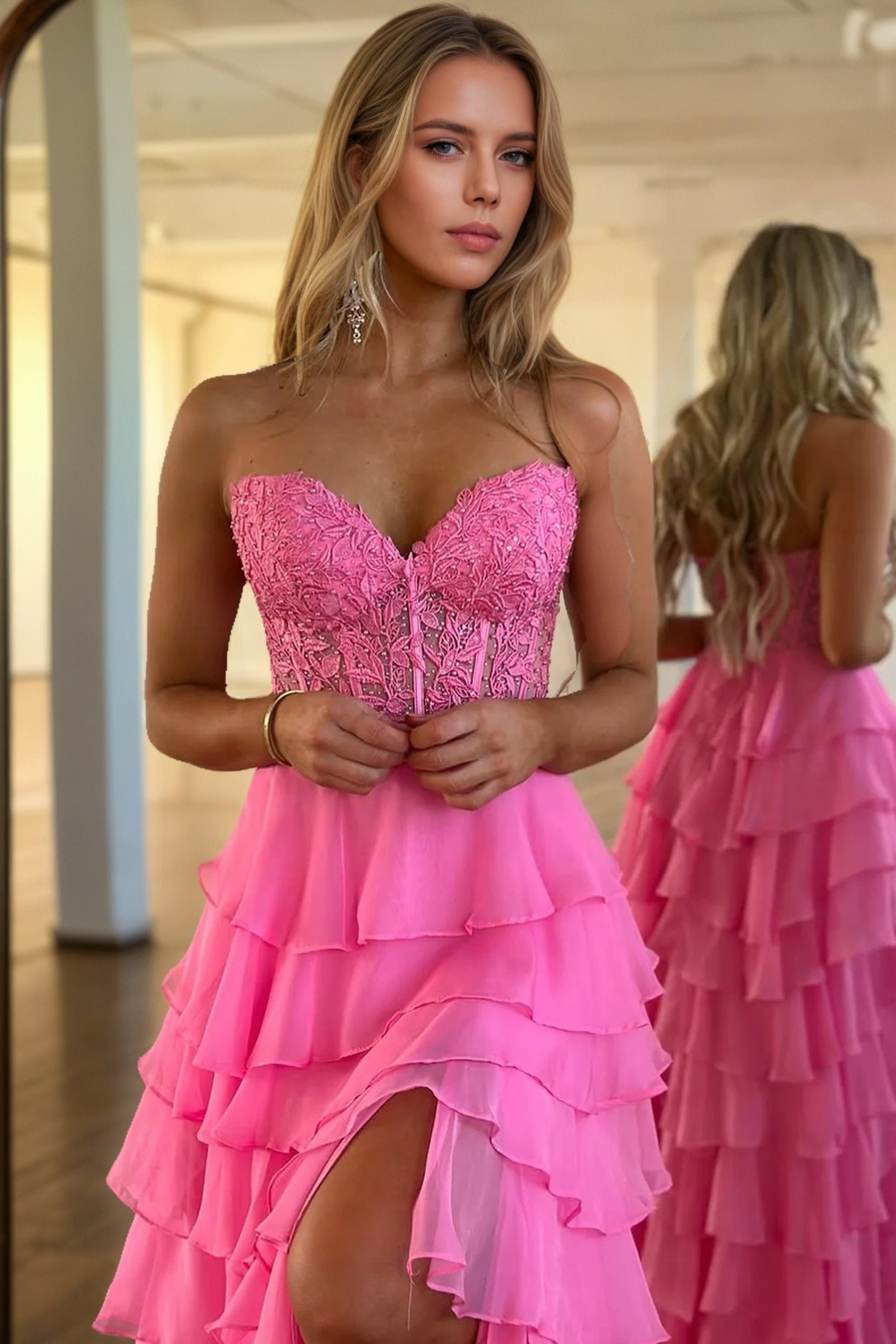 A-line/Princess Chiffon Fuchsia Sweetheart Tiered Ruffles Prom Dress with Slit Applique-824