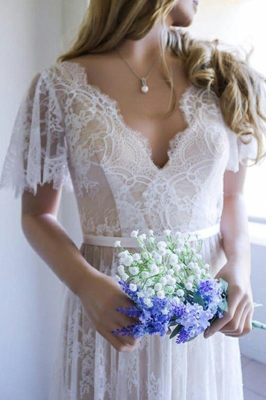 A-Line/Princess Lace Sash/Ribbon/Belt V-neck Short Sleeves Sweep/Brush Train Wedding Dresses-693