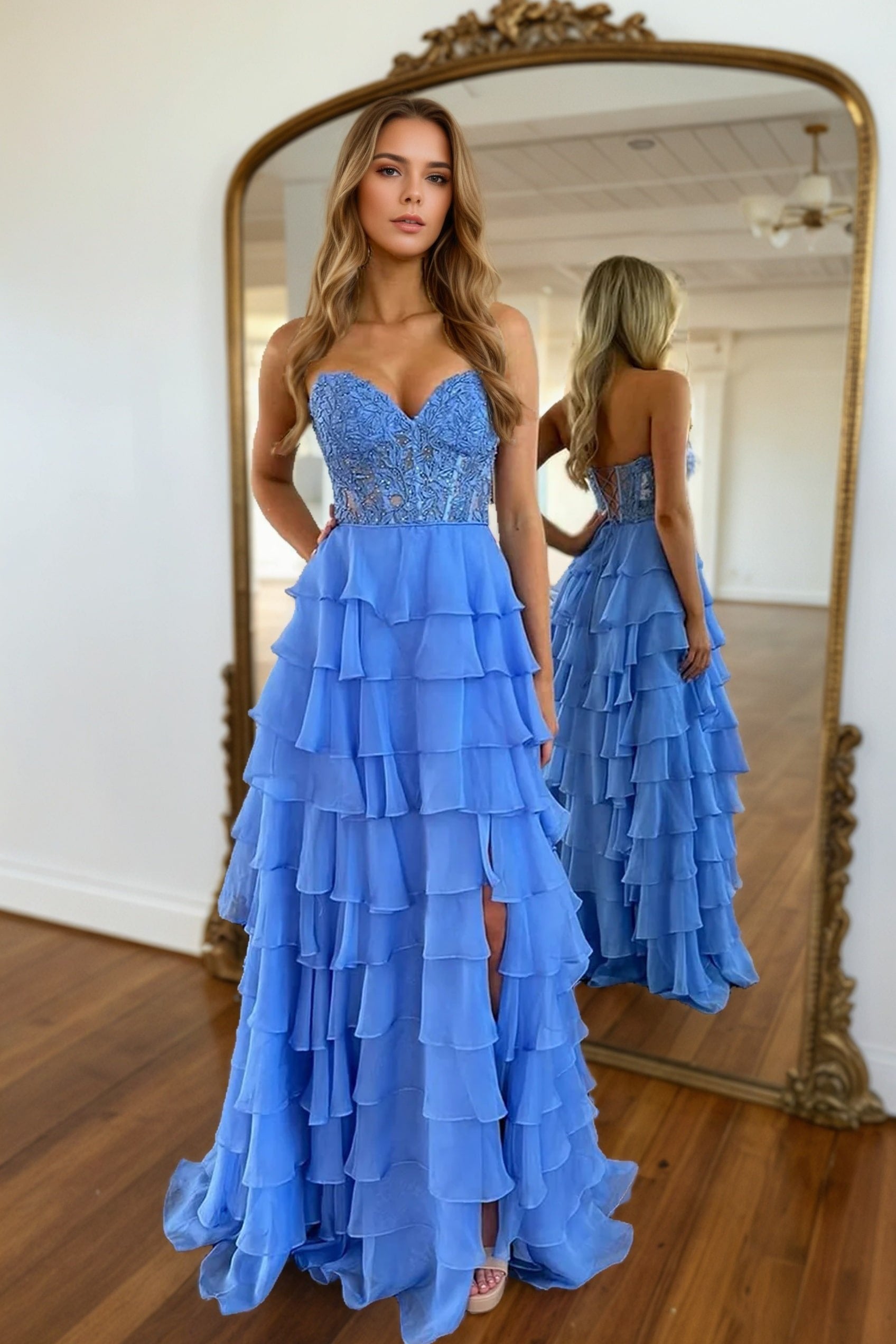 A-line/Princess Chiffon Fuchsia Sweetheart Tiered Ruffles Prom Dress with Slit Applique-826