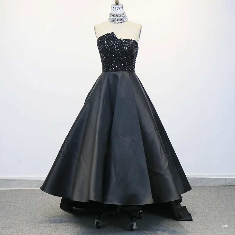Elegant Black Strapless High-Low Evening Dress SF003  Black / US 16