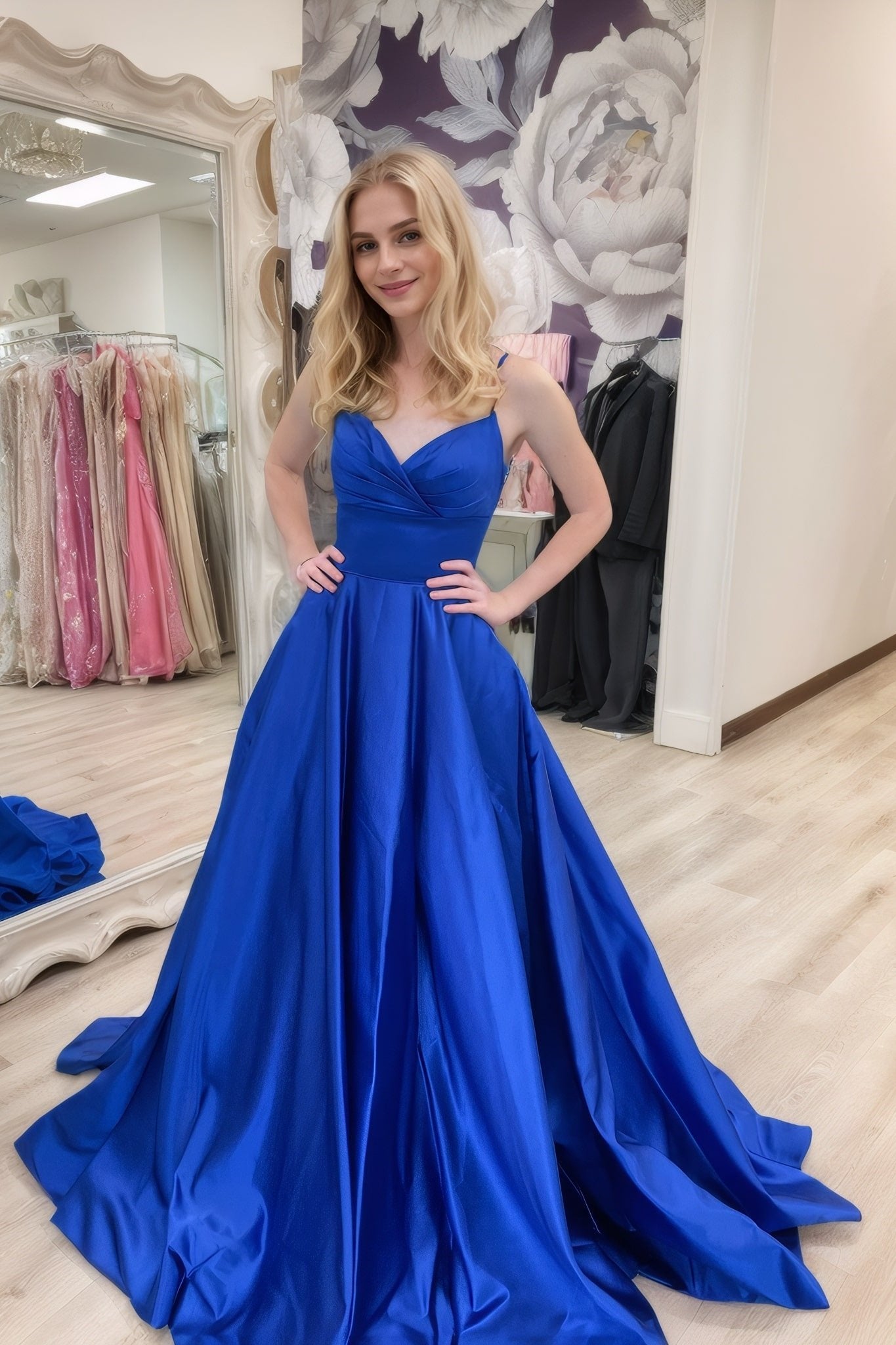 A-line V Neck Sleeveless Court Train Satin Prom Dresses With Bowknot Pleated Waistband-479