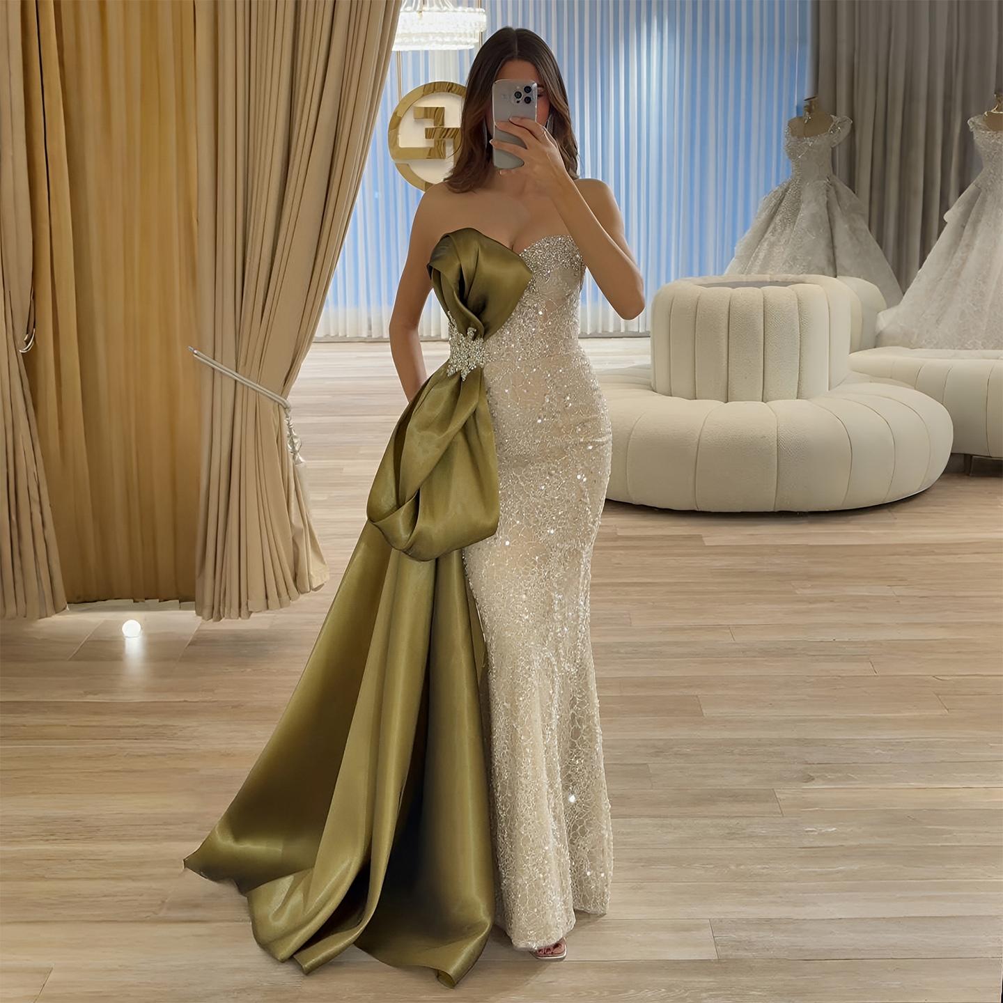 Luxury Crystal Beige Evening Dresses with Overskirt SS617