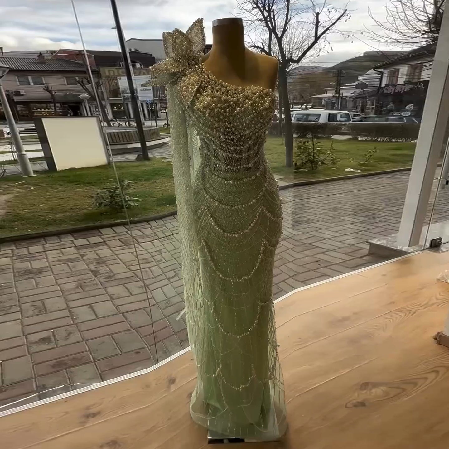 Luxury Pearls 3D Flower Green One Shoulder Evening Dress SS688
