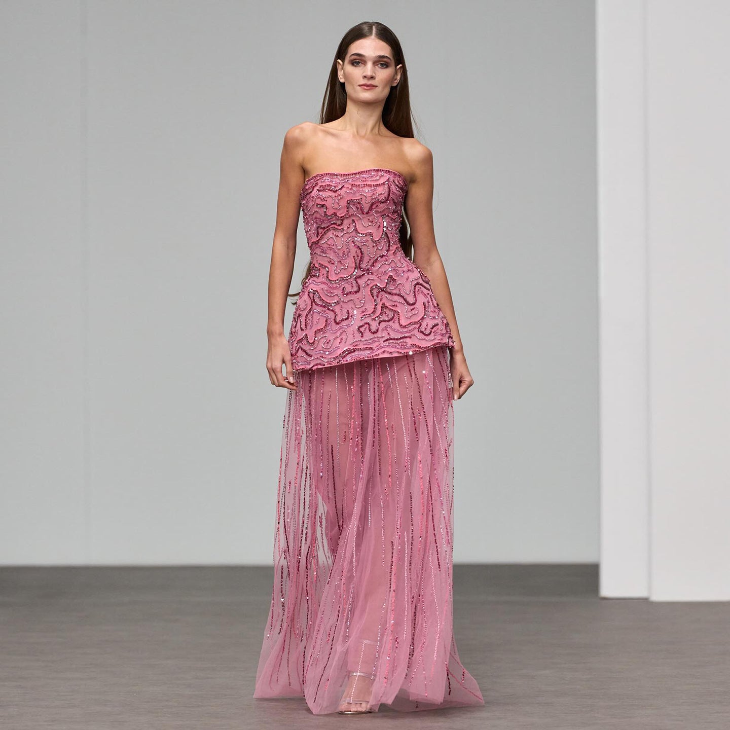 Elegant Rose Pink Crystal Sequin Two Pieces Evening Dress SS218 