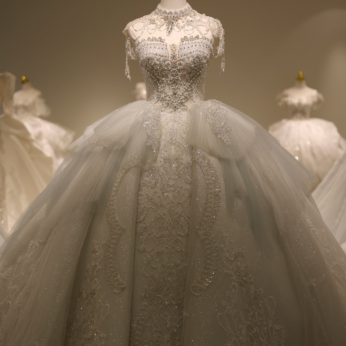 Luxury Crystal Pearls Wedding Dress with Royal Train RS001  White / Custom Made