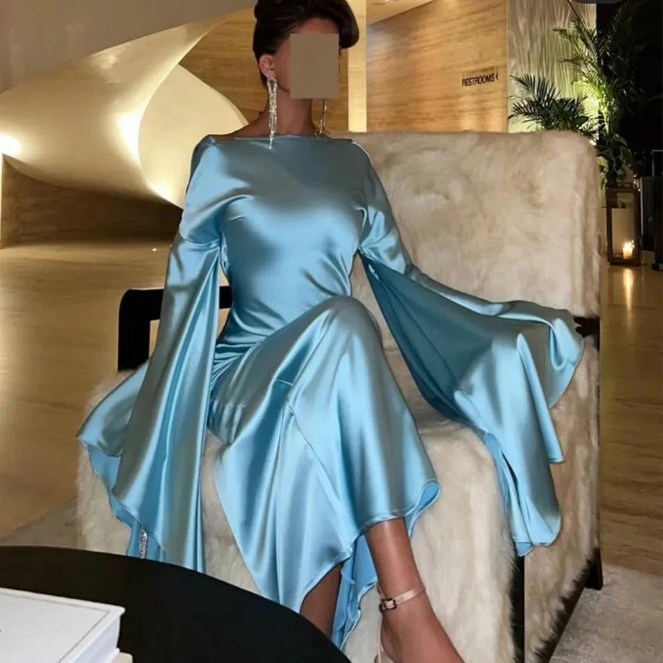 Light Blue Mermaid Evening Dress with Flare Long Sleeves SF027
