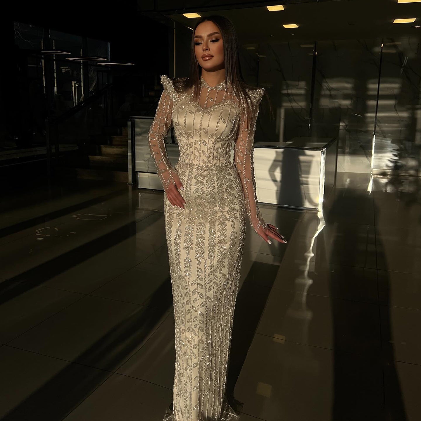 Luxury Cream Long Sleeves Evening Dress SS696 