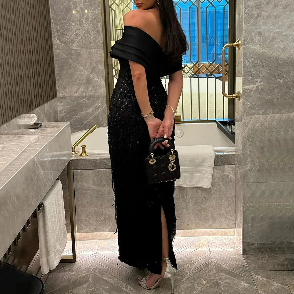 Elegant Off Shoulder Sage Green Tassel Evening Dress SS667