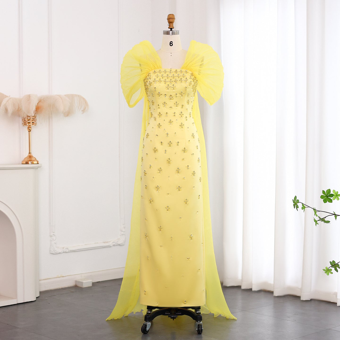 Luxury Beaded Yellow Evening Dress with Cape SS570  Yellow / US 18
