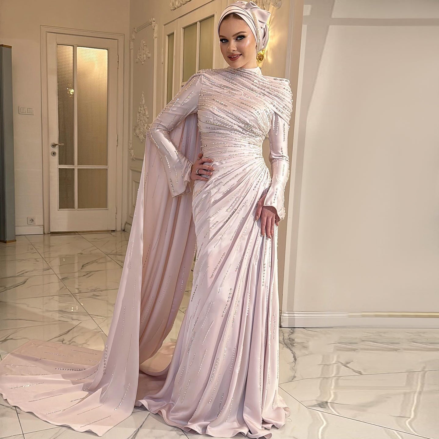 Elegant Pink Mermaid Beaded Evening Dress with cap and ruffles SS412