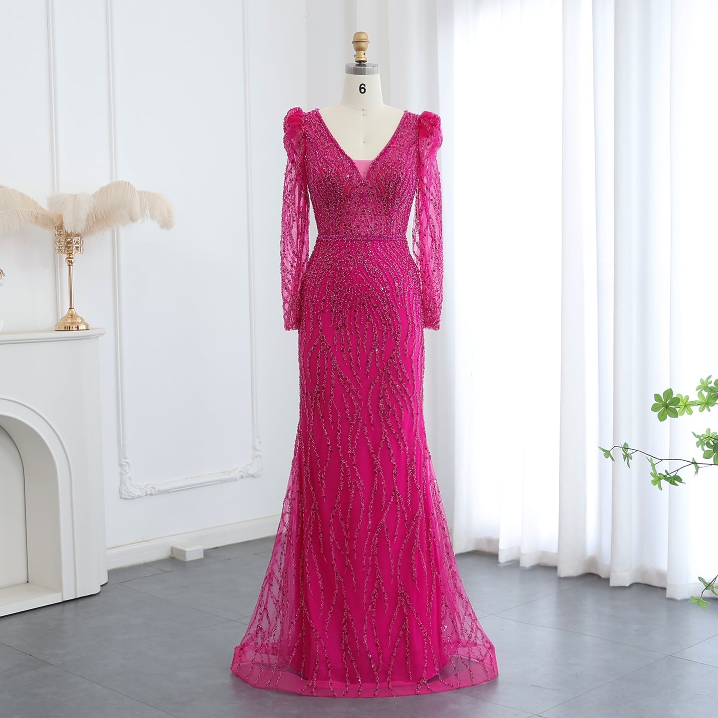 Elegant Long Sleeve Navy Blue Evening Dress SS099  Fuchsia / US 20