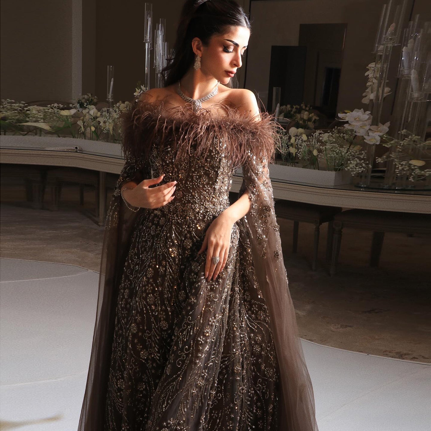 Off Shoulder Feathers Brown Evening Dress with Cape Sleeves SS707