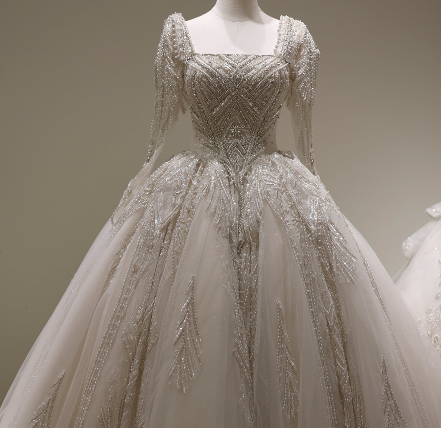 Luxury Square Neck Long Sleeves Ball Gown Wedding Dress RS006  White / Custom Made