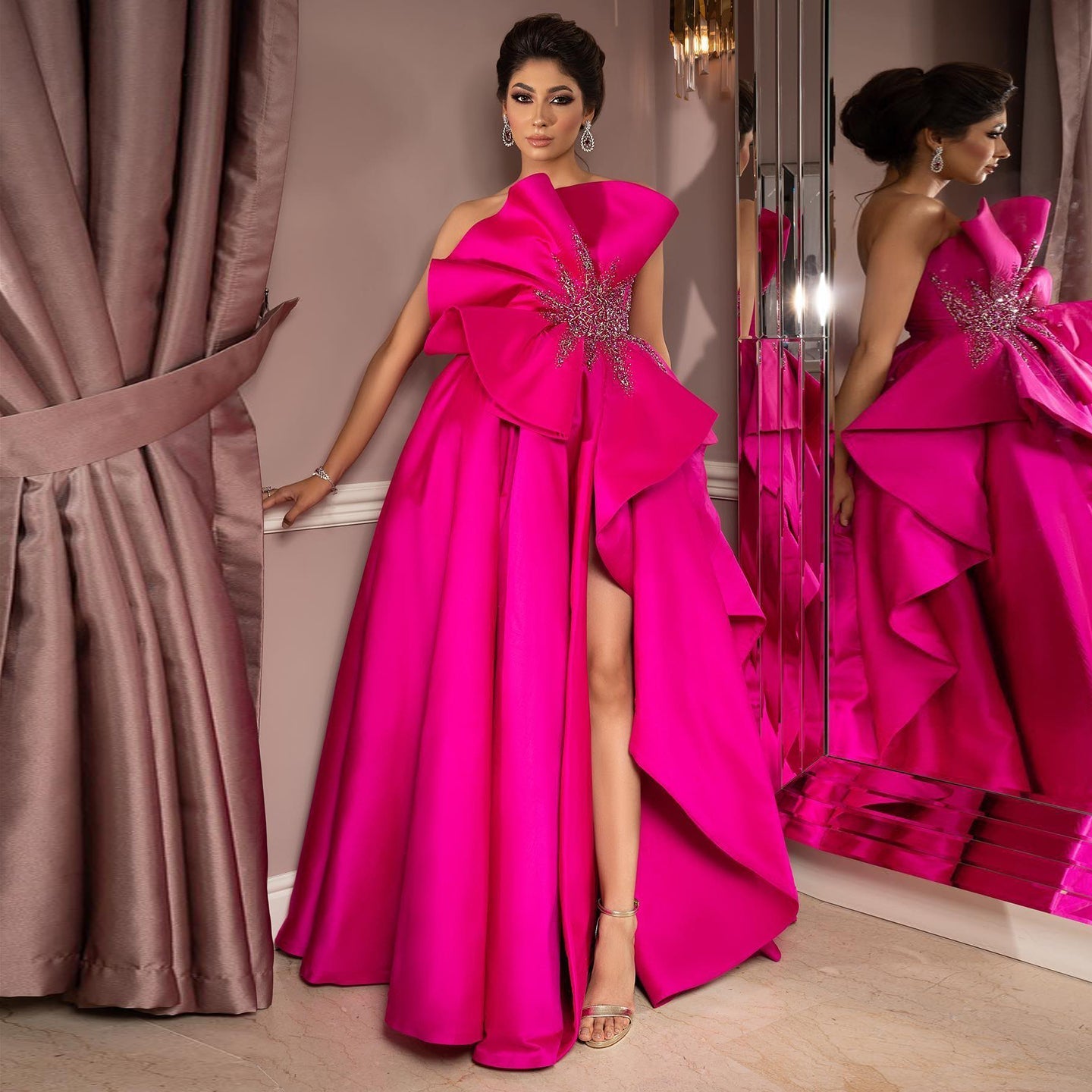 Stunning Fuchsia Scalloped Evening Dress with Slit SS581