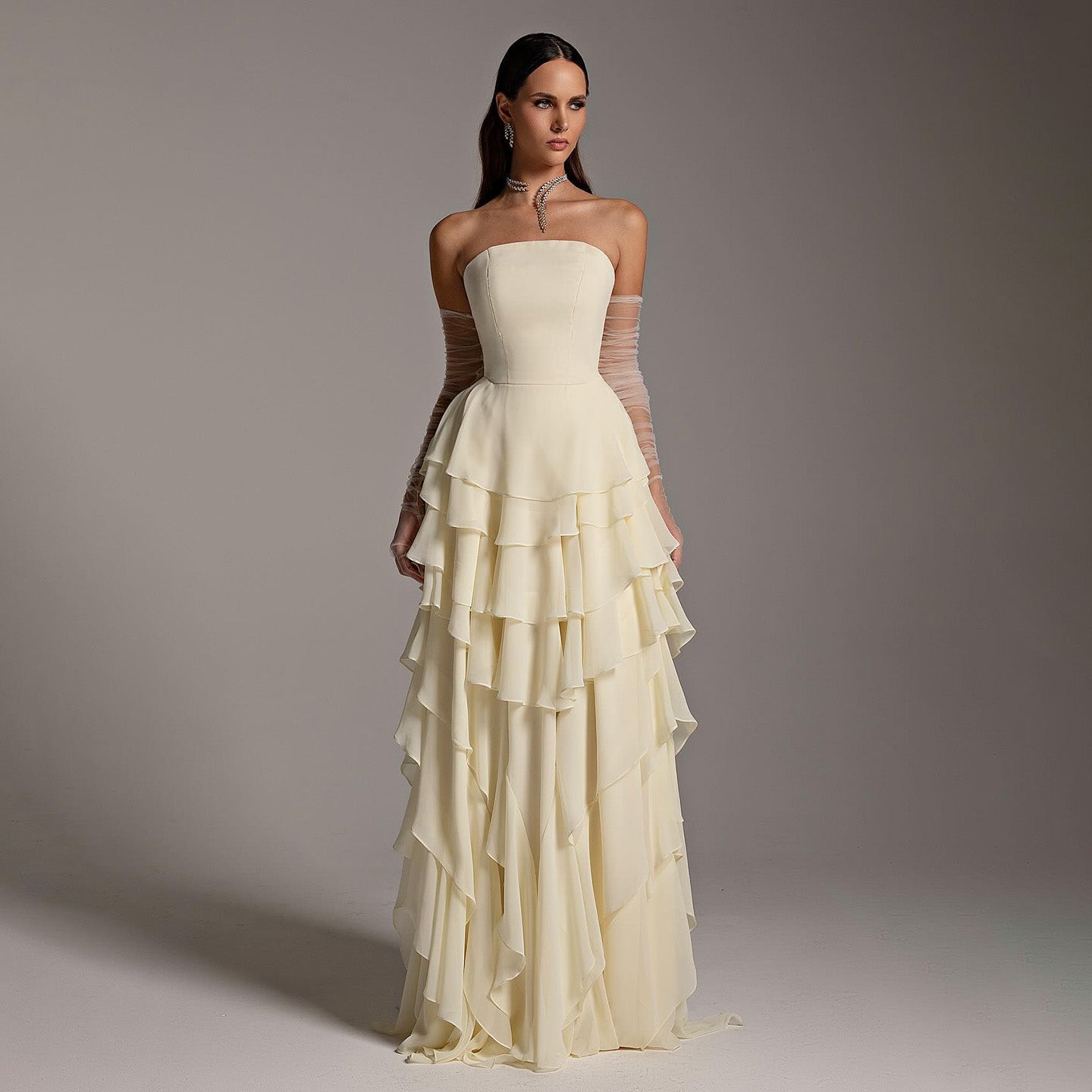 Elegant Yellow Strapless Ruffles Evening Dress SF256  Beige / US 20