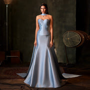 Elegant Blue Satin 3D Flowers Evening Dress with Scarf SS245