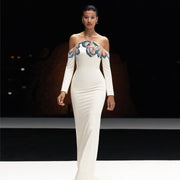 Elegant Beaded Off Shoulder White Evening Dress SS512