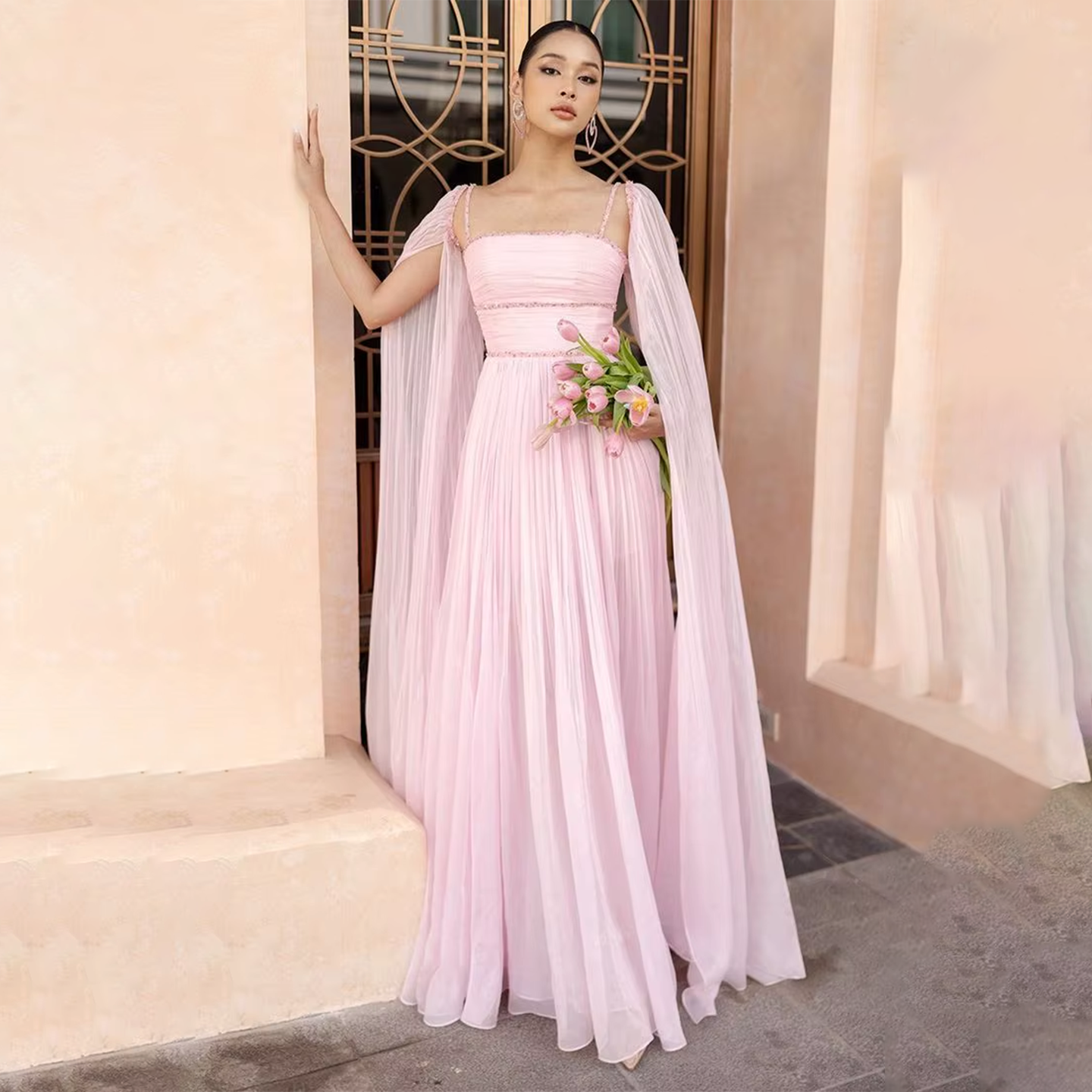 Elegant Pink Evening Dress with Cape Sleeves SF188