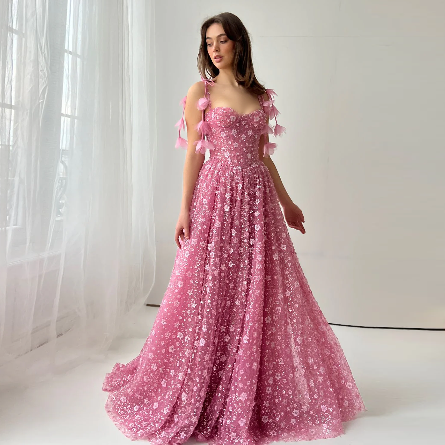 Delicate Pink 3D Floral Spaghetti Evening Dress SS701  Pink / US 16