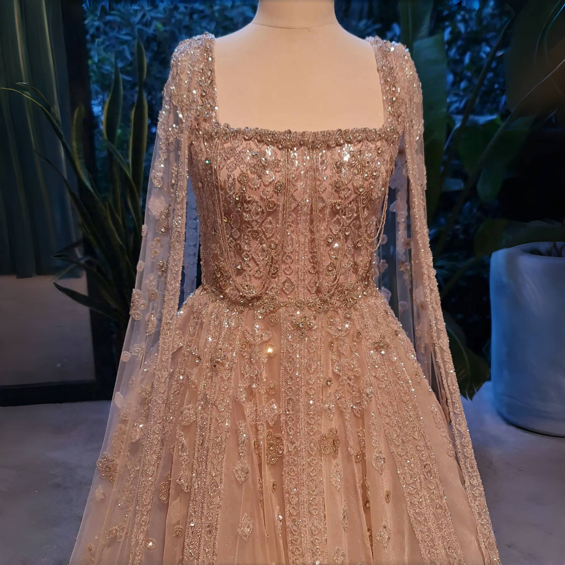 Luxury Nude Evening Dress with Cape Sleeves Chocker SS543