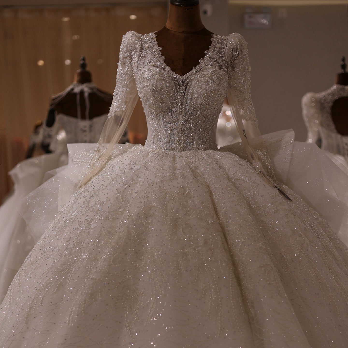 Luxury Ball Gown Crystal Long Sleeves Wedding dress RS012  White / Custom Made