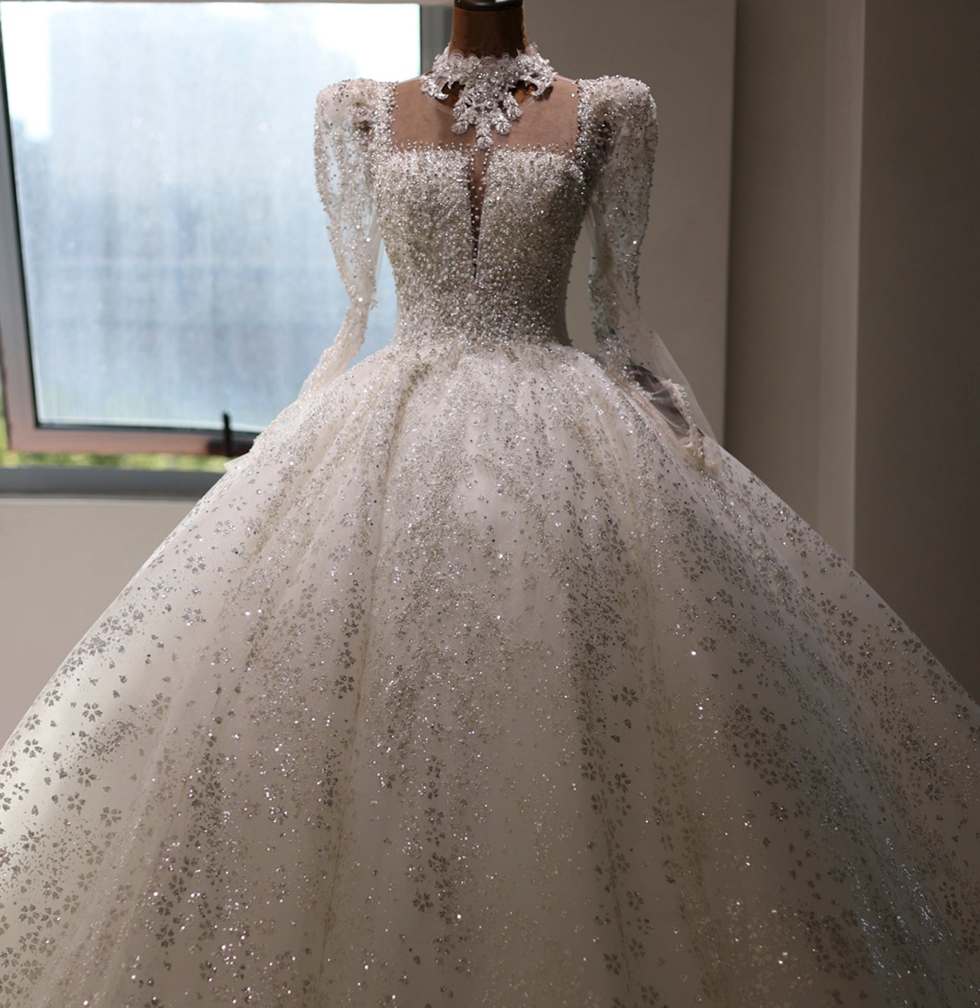 Luxury Beaded Pearl Long Sleeves Ball Gown Wedding Dress RS013  White / Custom Made