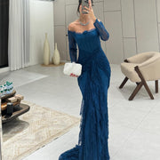 Elegant Blue Off Shoulder Lace Evening Dress SF519