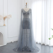 Luxury Beaded Blue Evening Dress with Cape Sleeves SS251  Light Blue / US 18