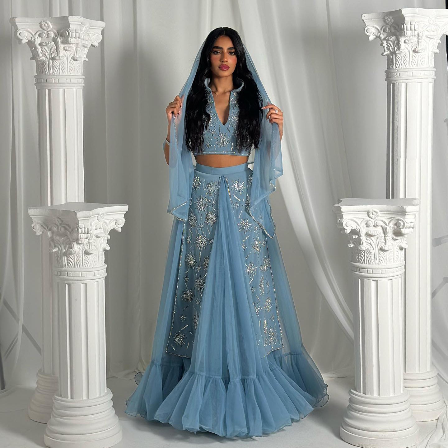 Luxury Blue Beaded 2 pieces Evening Dress with ruffles SS597