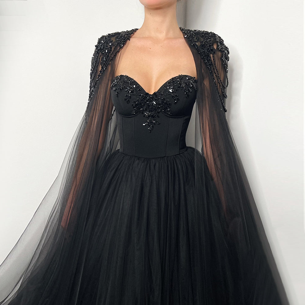 Gothic Black Tulle Evening Dress with Cape Sleeves SS394