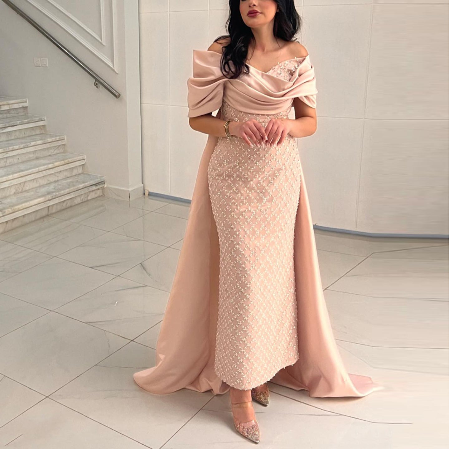 Luxury Off Shoulder Pink Evening Dress with Cape SS709
